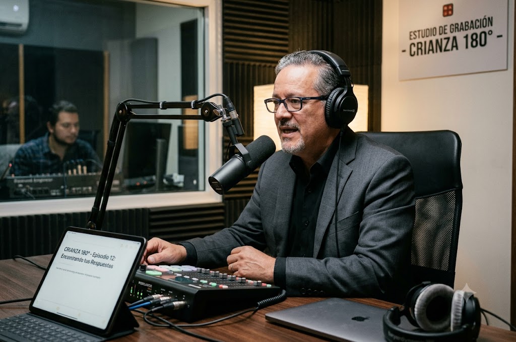 Miguel Ángel Jiménez, locutor del podcast Crianza 180°, grabando en estudio